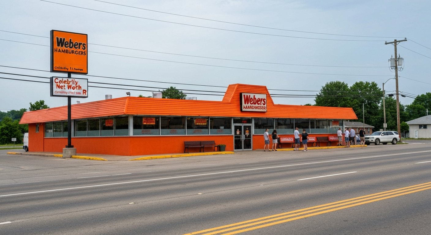 Exterior of Webers Hamburgers flagship orange roadside restaurant on Highway 11, Orillia, Ontario, showing signage and customer lineups.