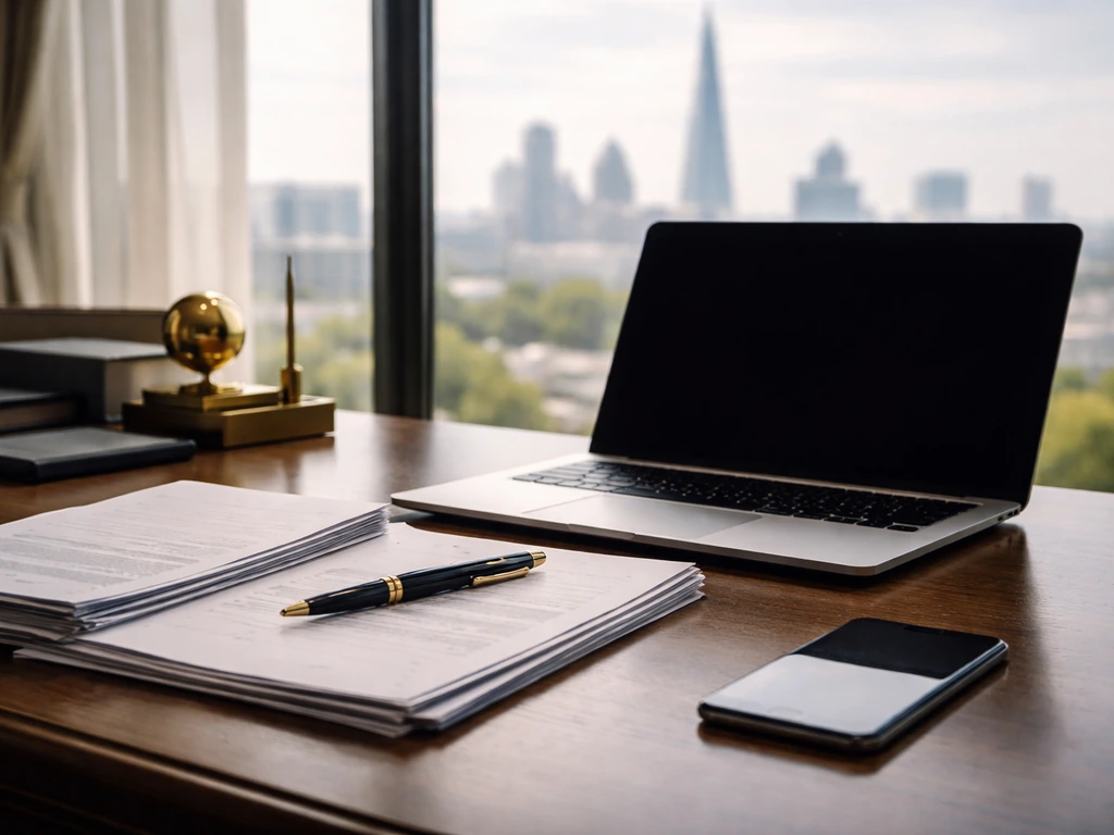 Minimal photo of a business executive desk with a laptop, documents, and a calm city view suggesting net-worth analysis.