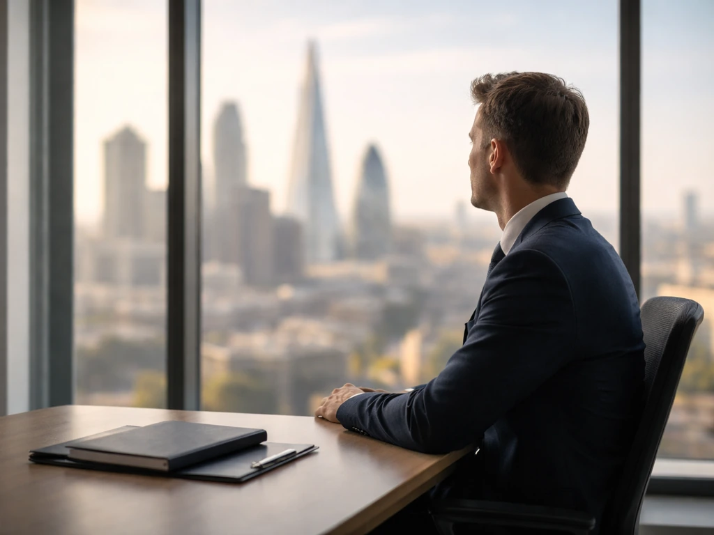 UK business executive in a sleek office, viewing a city skyline through a window