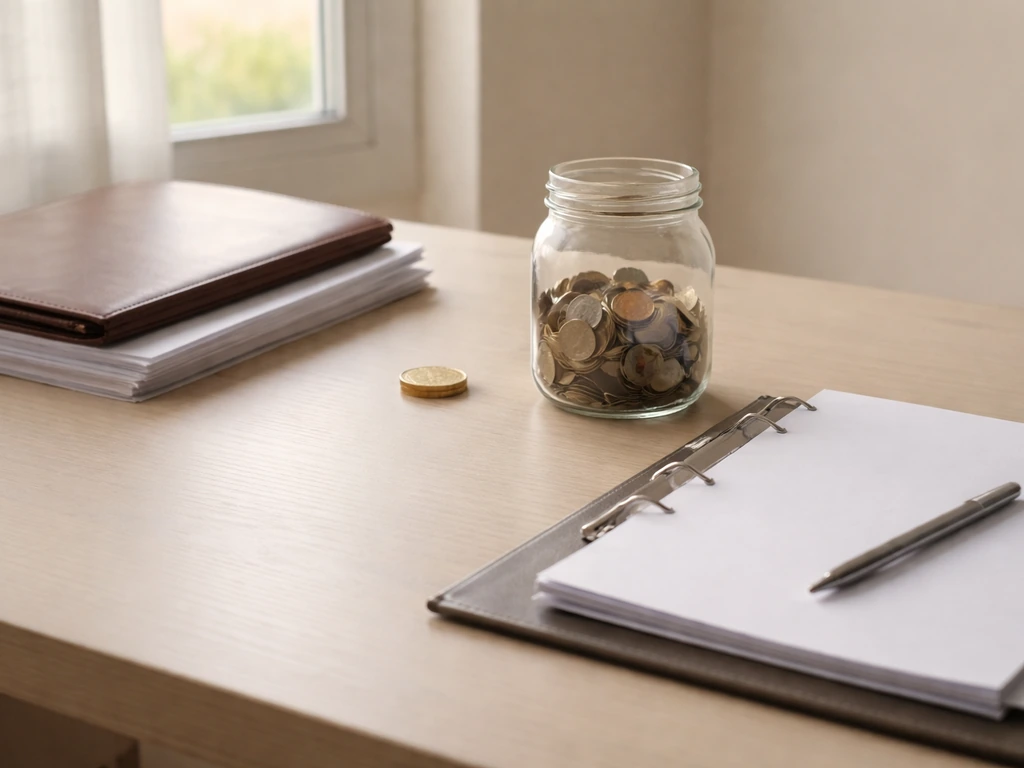 Minimal financial desk scene with portfolio, documents, and coins symbolizing assets minus liabilities.