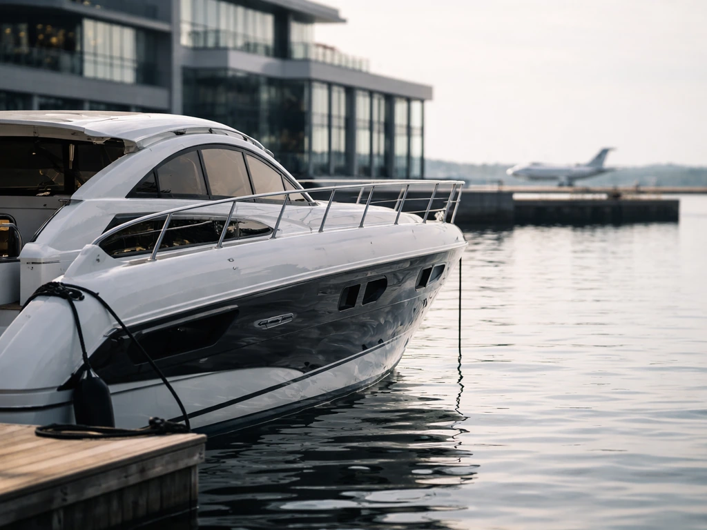 Close-up of a luxury motor yacht docked beside a modern waterfront building, suggesting aviation and real estate assets.