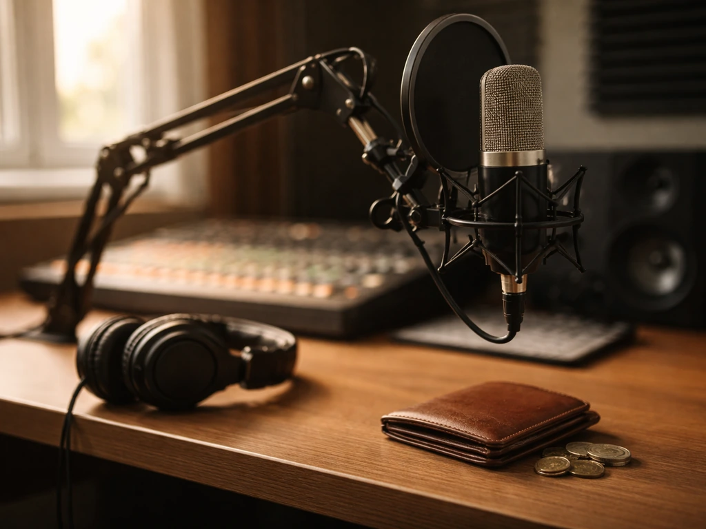 Recording studio microphone and headphones on a desk, with small coins to symbolize musician wealth research.
