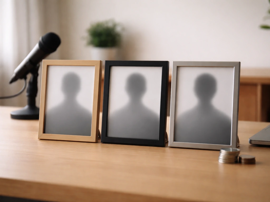 Minimal desk scene with three blurred framed portraits symbolizing identity confusion among people named Steve Rucker.