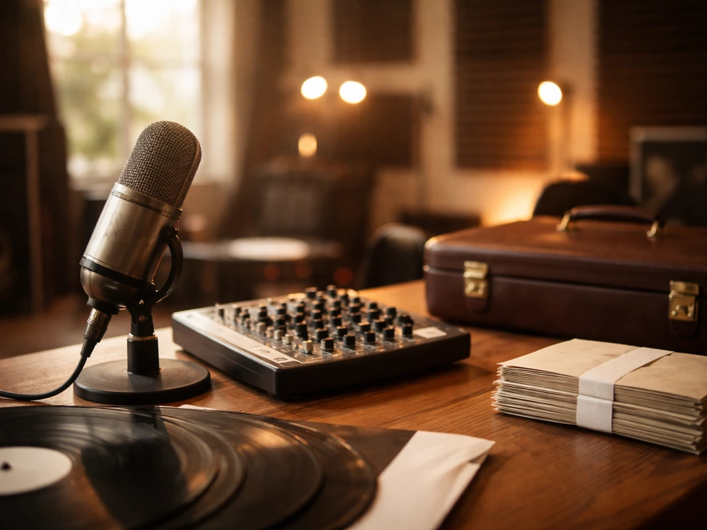 Studio microphone on a desk with blurred stage lights and minimal financial cues, symbolizing long-term career wealth.