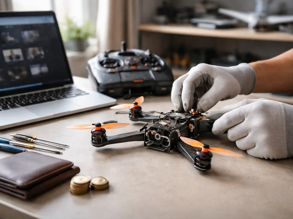 Hands assembling a model RC aircraft in a DIY workshop with media gear and coins for a net-worth theme.