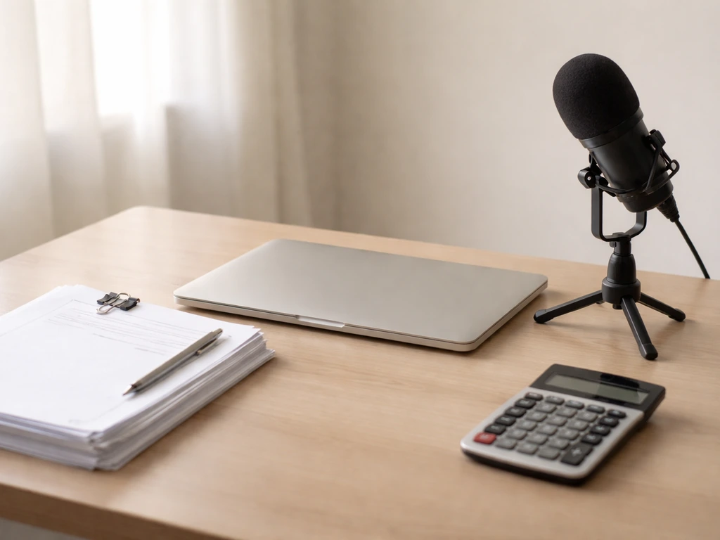 Minimal photo of a tidy desk with a laptop, microphone, and scattered financial documents suggesting estimate methodolog
