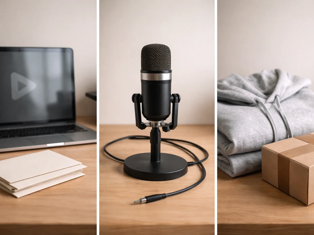 Minimal collage of a YouTube-style play button, a mic, and a hoodie on a desk representing creator income streams.