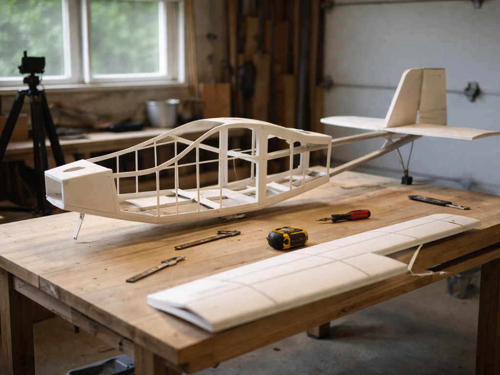 DIY foam-board ultralight aircraft on a garage workbench with tools, no people, natural light.