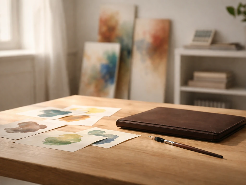 Minimalist art studio table with abstract paint materials and a leather portfolio, symbolizing wealth and analysis.