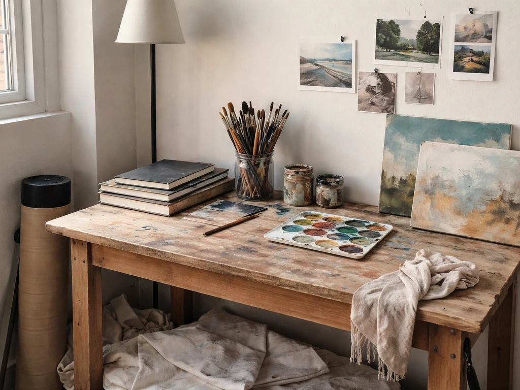 Minimal New York artist studio scene with canvases, sketchbooks, and paint tools on a worktable.