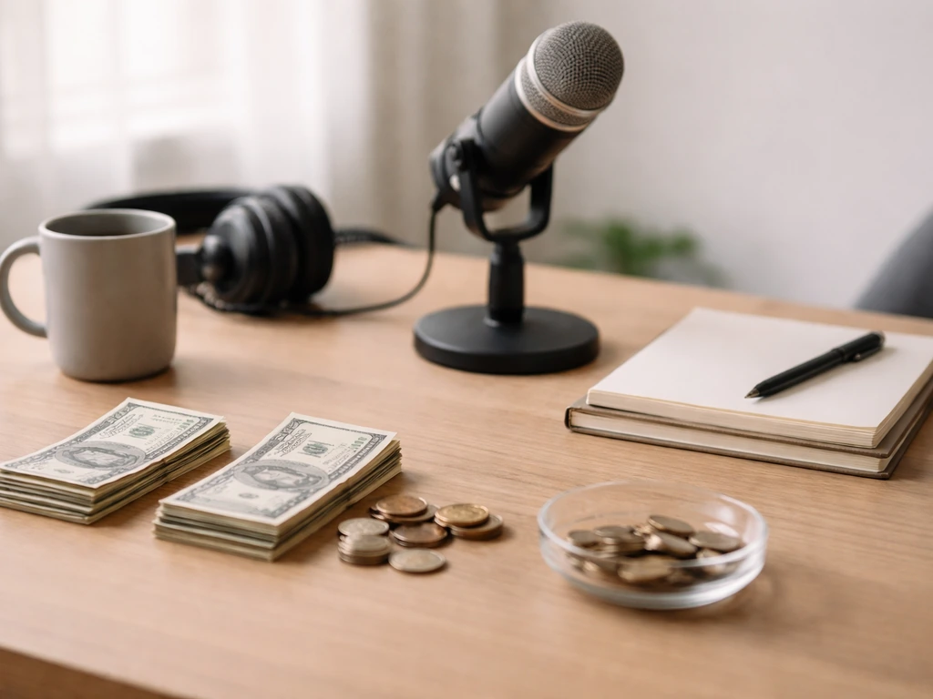 Minimal desk scene with microphone, notebook, and separated money piles suggesting expenses vs earnings.