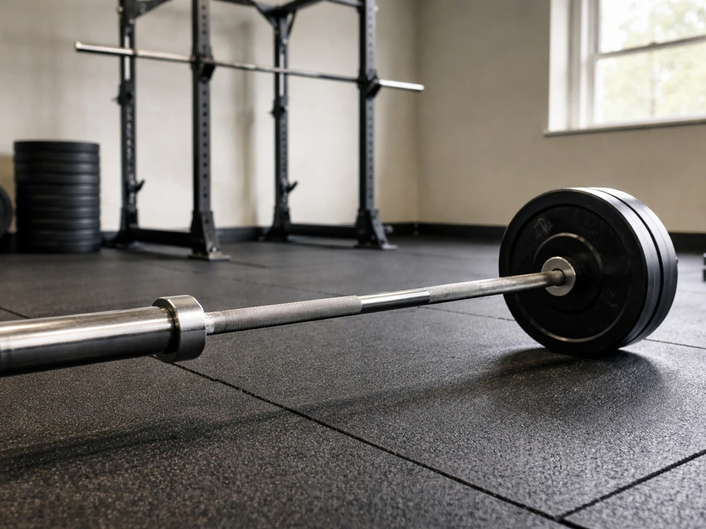 Minimal gym scene with a barbell on the floor, gym rack in the background