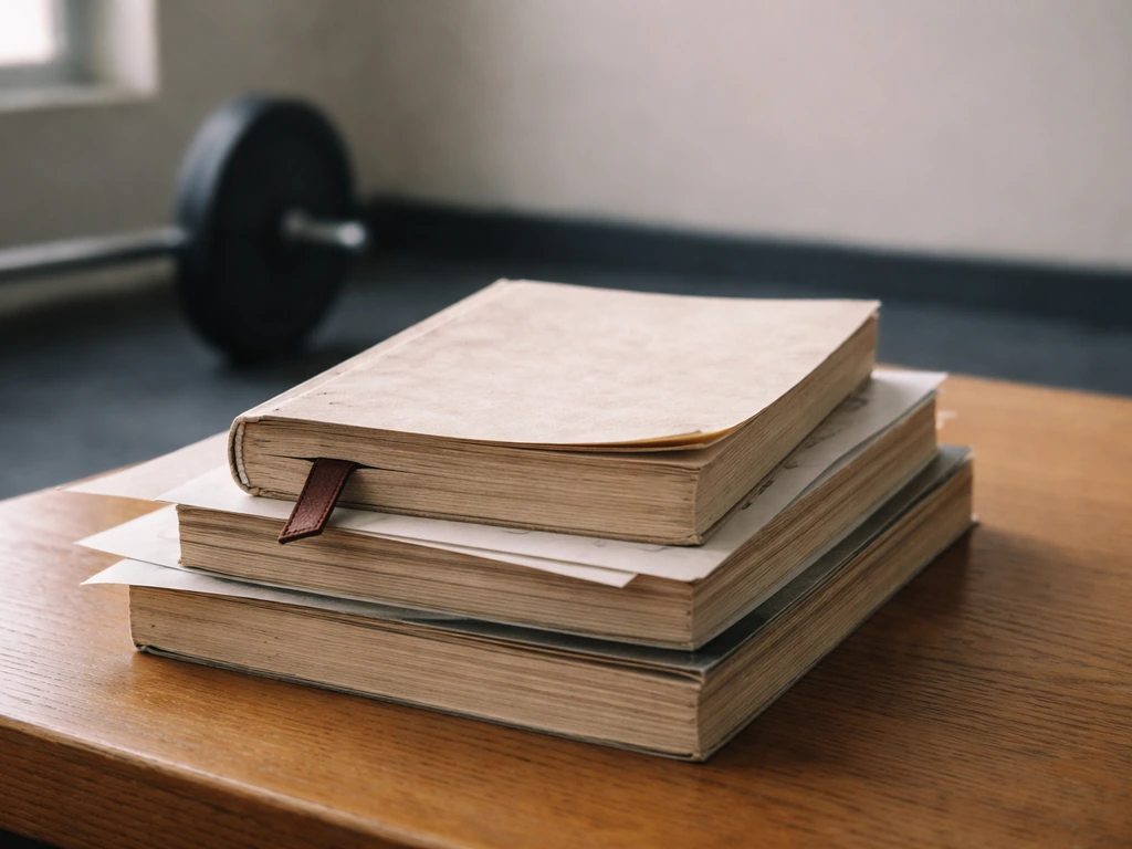 Closeup of a small stack of fitness training books with a soft-focus barbell in the background.