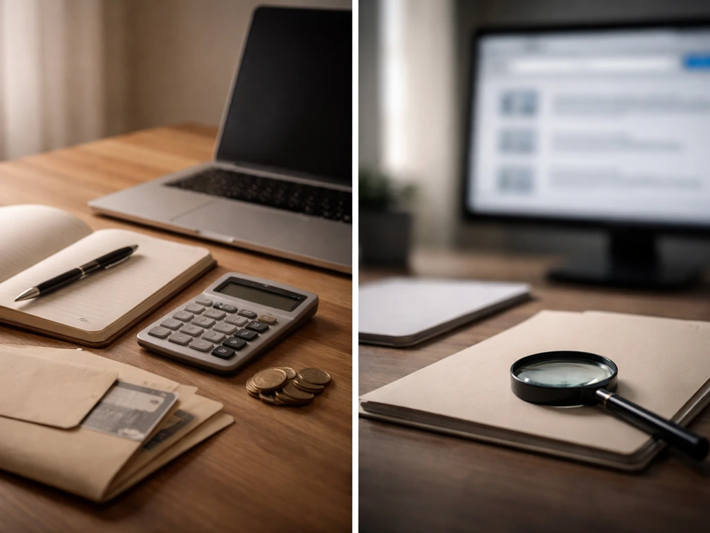 Split-screen desk scene with calculator and blurred search theme symbolizing uncertainty about net worth.