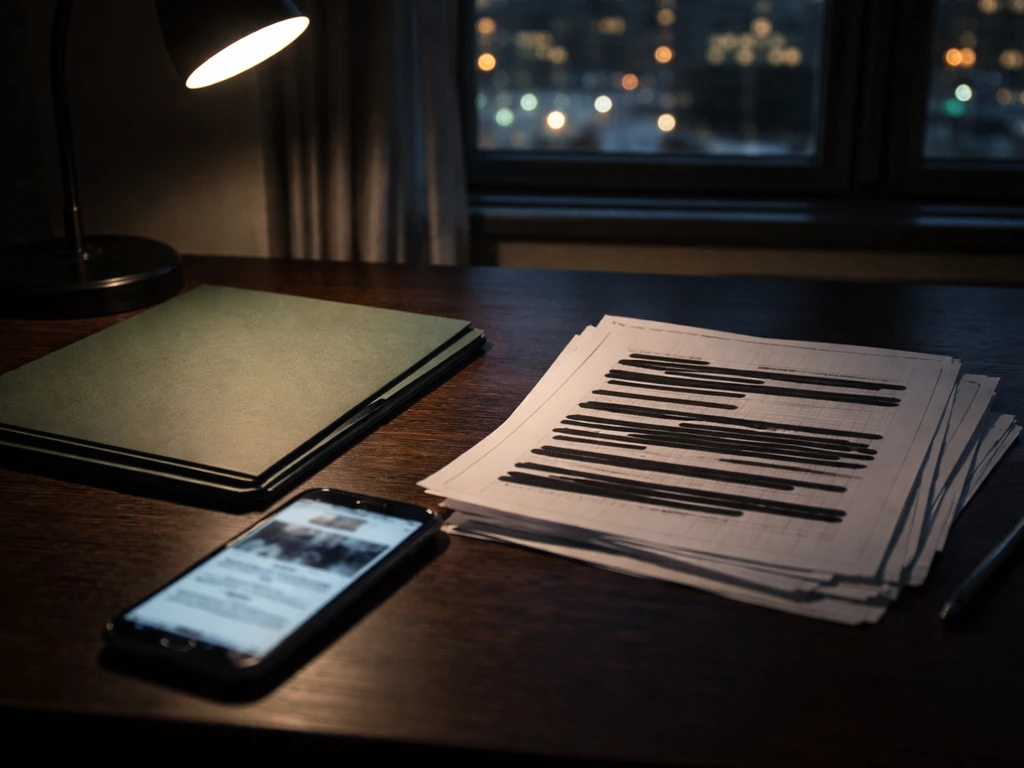 Minimal desk scene with blurred phone news and redacted documents, symbolizing identity checks and media research.
