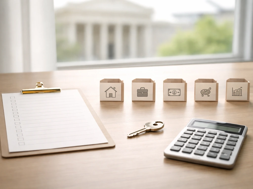 Minimal desk scene with blank checklist sheet and document icons for tracking property, business, shares, and investment
