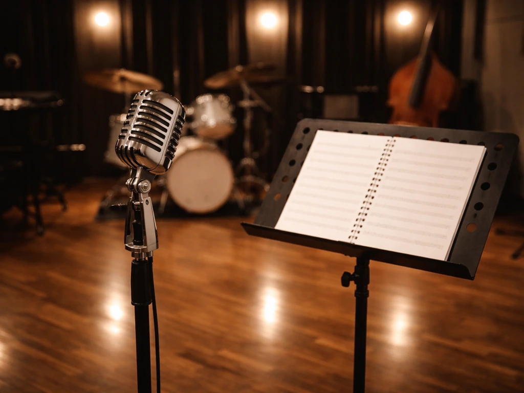 Empty jazz studio with vintage microphone and warm lights, symbolizing a musician’s career.