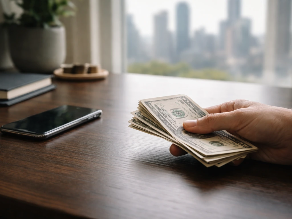 Anonymous hand holds cash on a dark desk with a smartphone and blurred city view in the background.