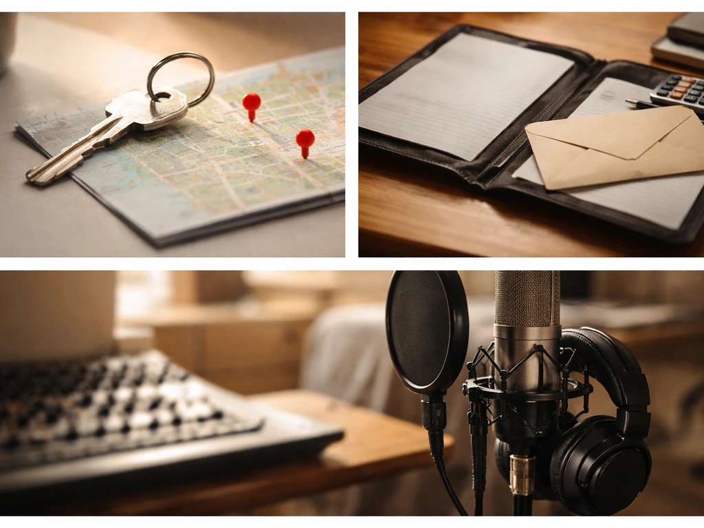 Minimal collage of house keys, map pins, investment papers, and a studio microphone symbolizing musician assets