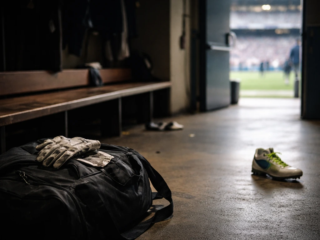 Worn football gear and duffel in a dim stadium tunnel, hinting at a pro running back career.