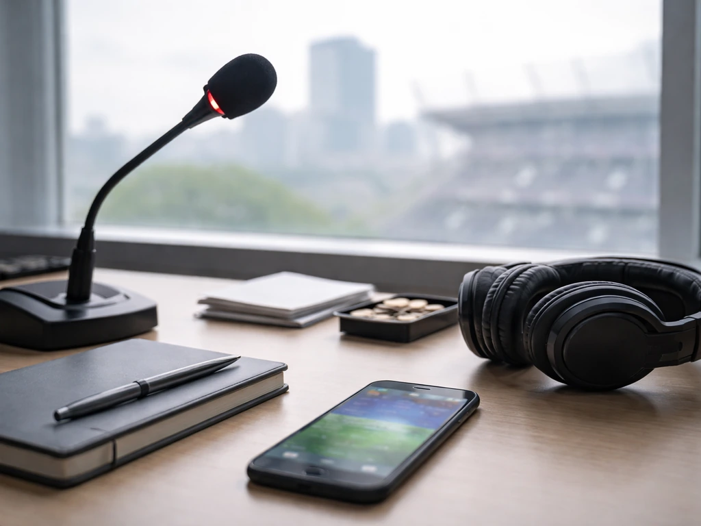 Anonymous media-analysis desk with microphone, headphones, and a blurred sports screen in natural light