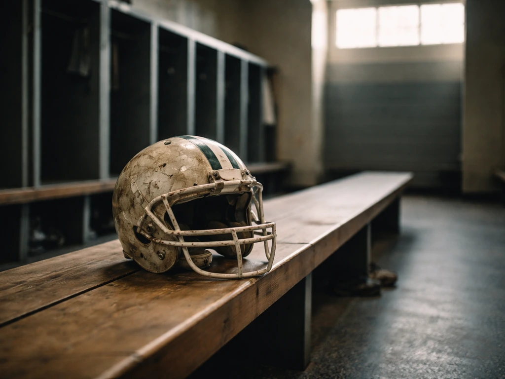 Empty NFL locker-room corridor with a helmet resting on a bench, symbolizing a former wide receiver career.