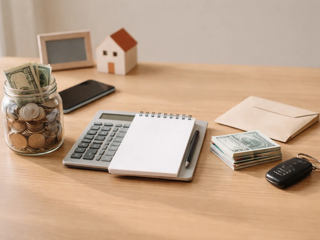 Minimal business desk showing assets vs liabilities with coins, house item, envelope, and calculator.
