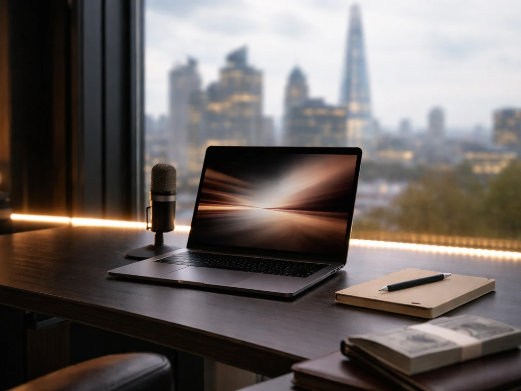 Minimal high-end London desk setup with laptop, microphone, and subtle money symbolism, no people.
