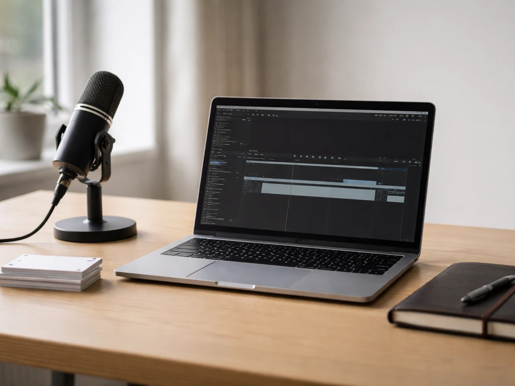 Minimal London tech office desk with laptop and microphone, symbolic of AI media and business net worth context.