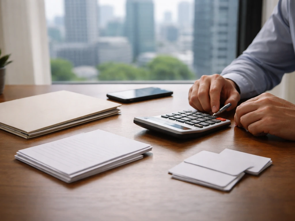 Minimal photo of an analyst at a desk with a calculator and folder symbols for estimating private-company wealth.