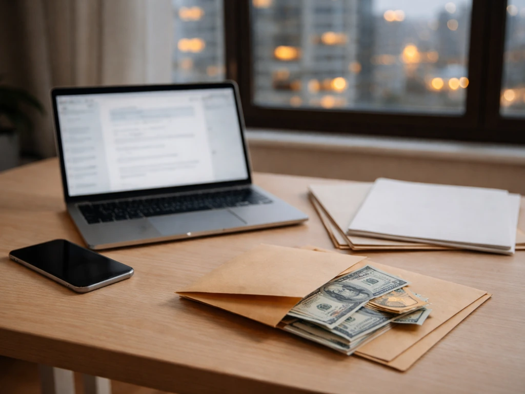Minimal office desk with a laptop, phone, and money envelopes suggesting financial source verification.