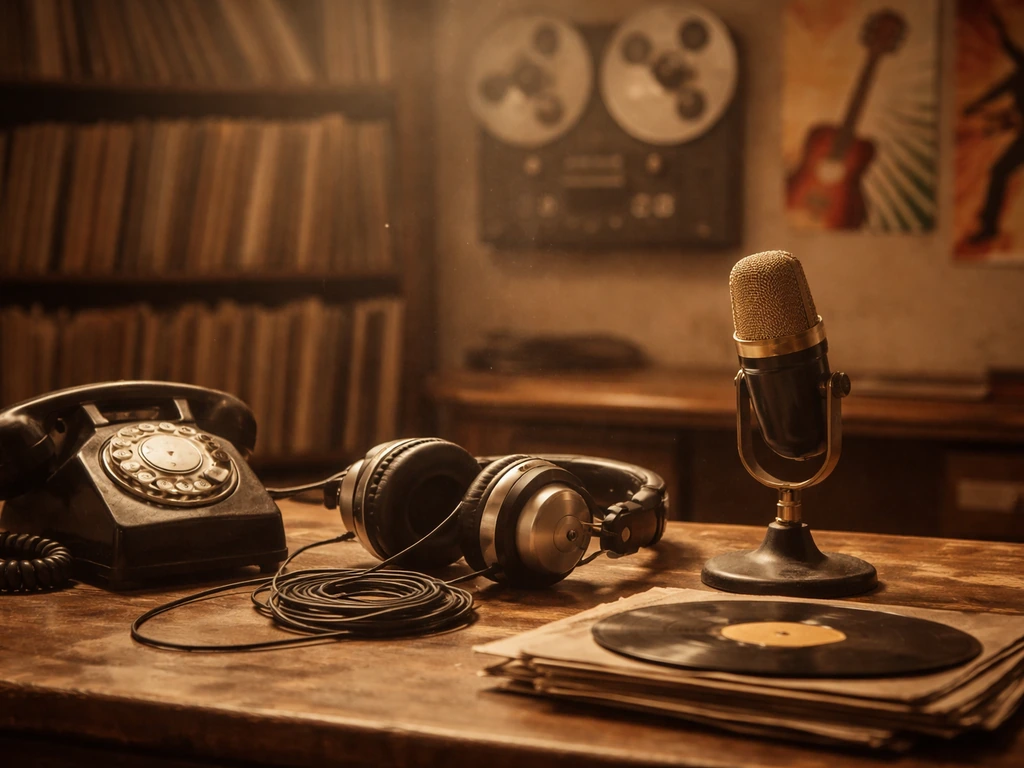 Vintage record studio scene with specialty-era cues, evoking a music mogul legacy and wealth.
