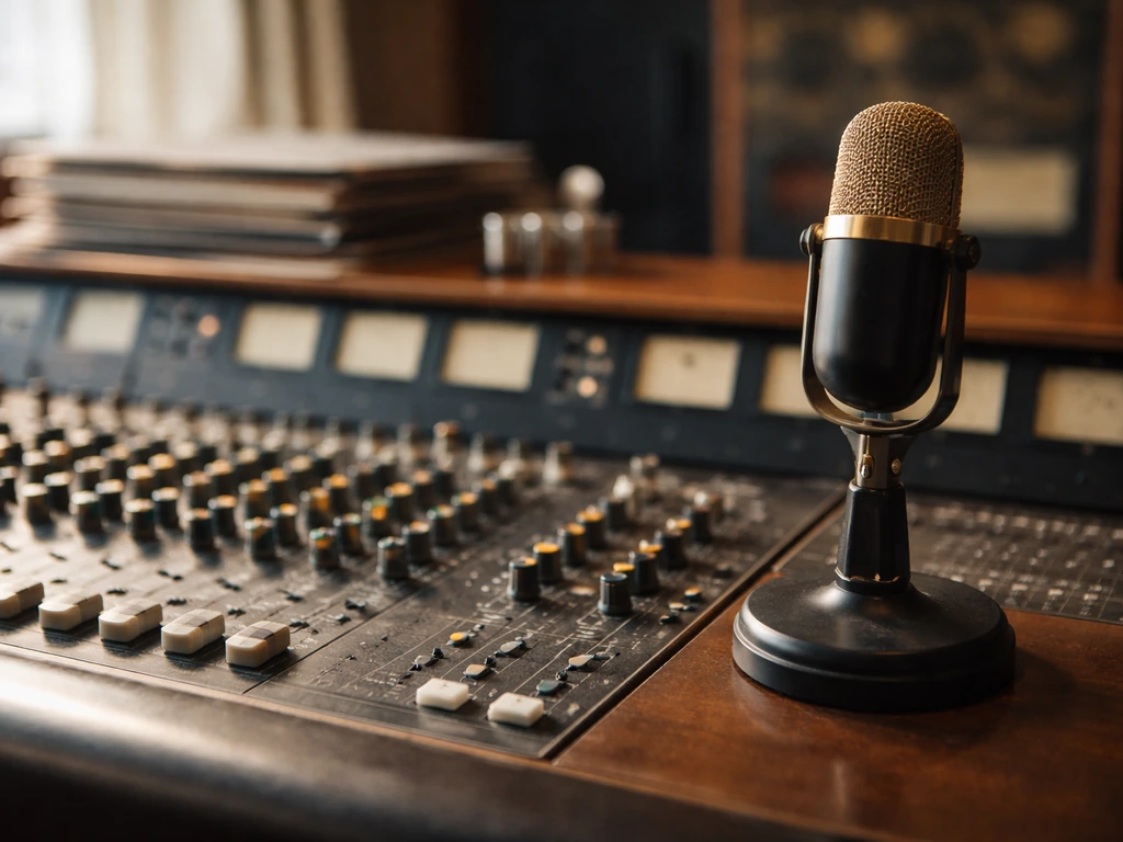 Vintage studio desk with analog mixer, classic microphone, and vinyl records in natural light