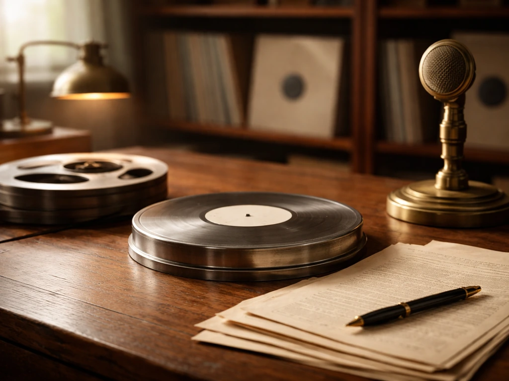 Minimal 1940s music-label desk with tape reel, record master, contract papers, and brass microphone
