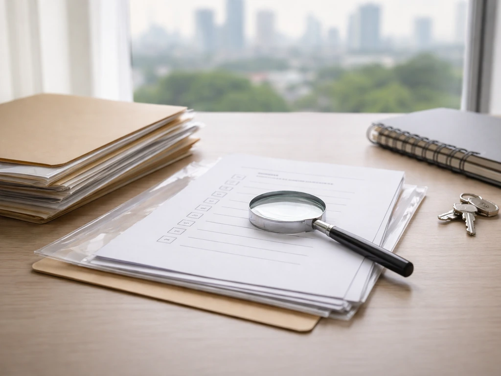 Checklist papers with folders and a magnifying glass over a city skyline backdrop