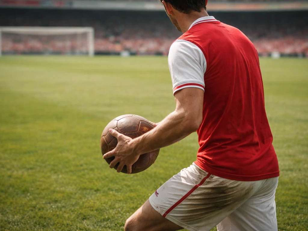 Anonymous football midfielder in a classic Arsenal-era kit holding a leather ball on a sunlit pitch.