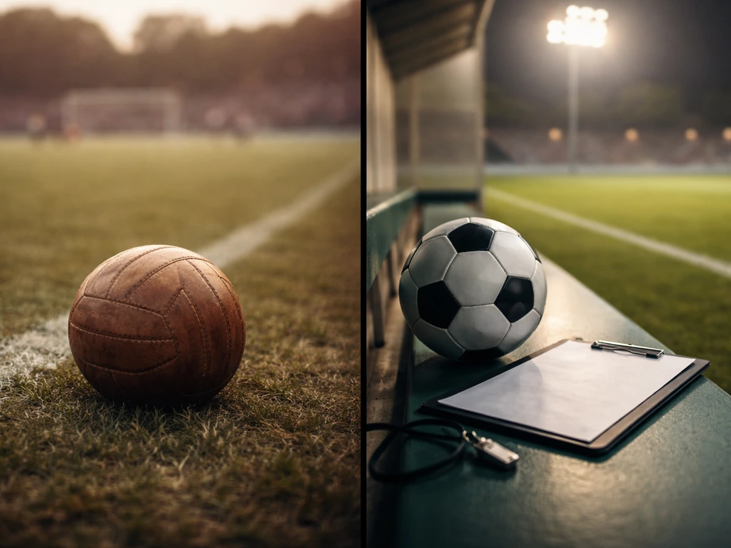 Vintage football ball beside coaching sideline gear, symbolizing playing and management income phases.