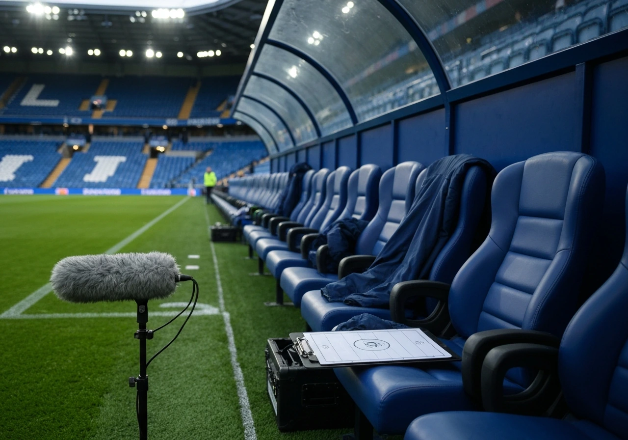 Chelsea football coaching bench in a quiet stadium technical area with staff gear and a training clipboard