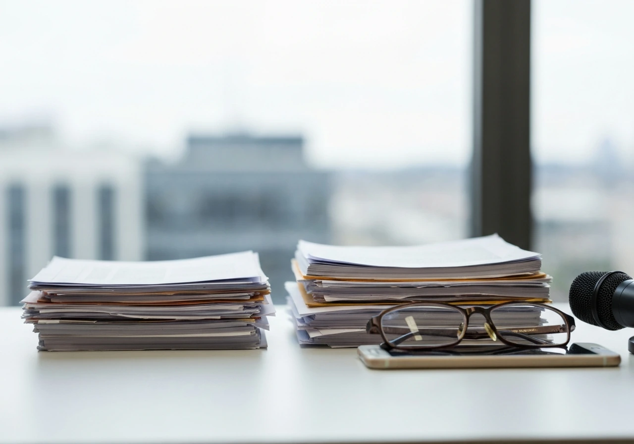 Minimal desk scene with papers, smartphone, and microphone suggesting comparing financial estimates