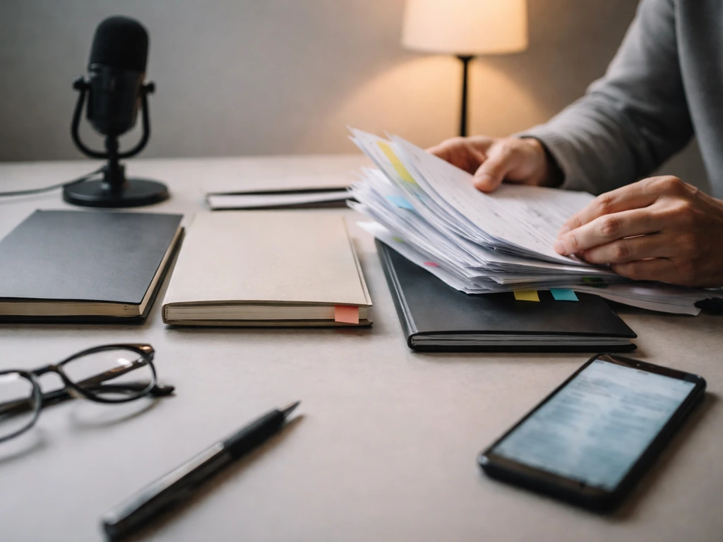 Hands comparing anonymous finance pages and blurred smartphone content on a desk with a microphone nearby.