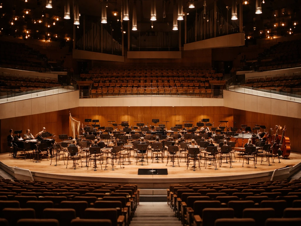 View of the Berlin Philharmonic stage and hall interior with warm lighting and empty orchestra seating.