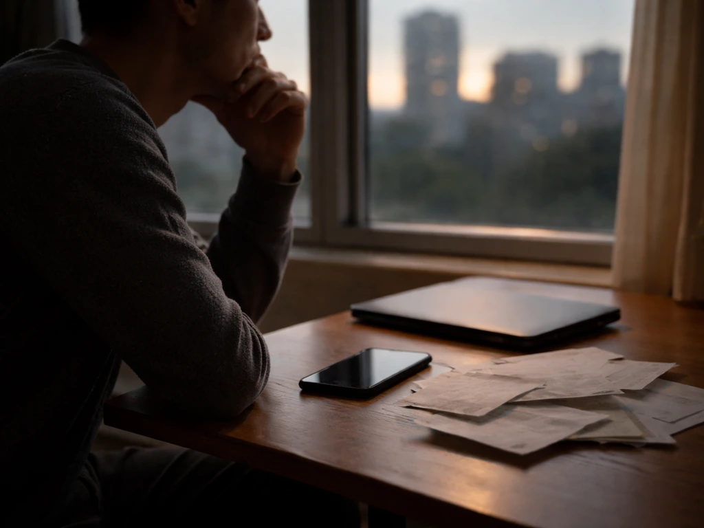 Anonymous analyst at a desk with phone and scattered financial papers, symbolizing uncertain net-worth estimates.