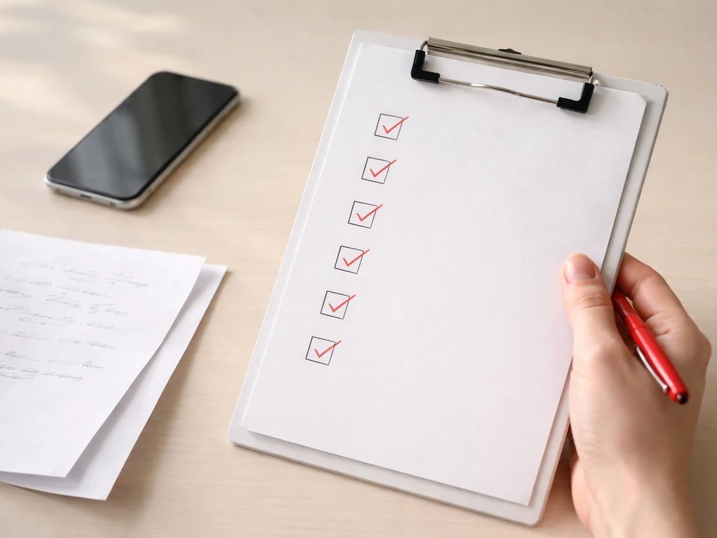 Minimal desk scene with a small clipboard checklist showing red-flag style items, no readable text.