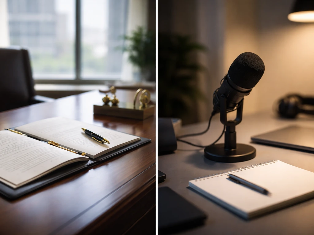 Minimal split-screen of corporate office desk and media studio desk with pen and microphone, no people or text.