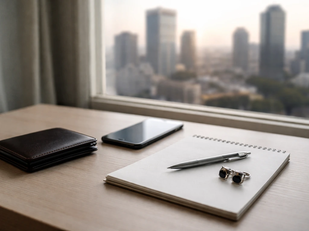 Minimal office desk with a smartphone, wallet, and softly blurred city skyline through window.
