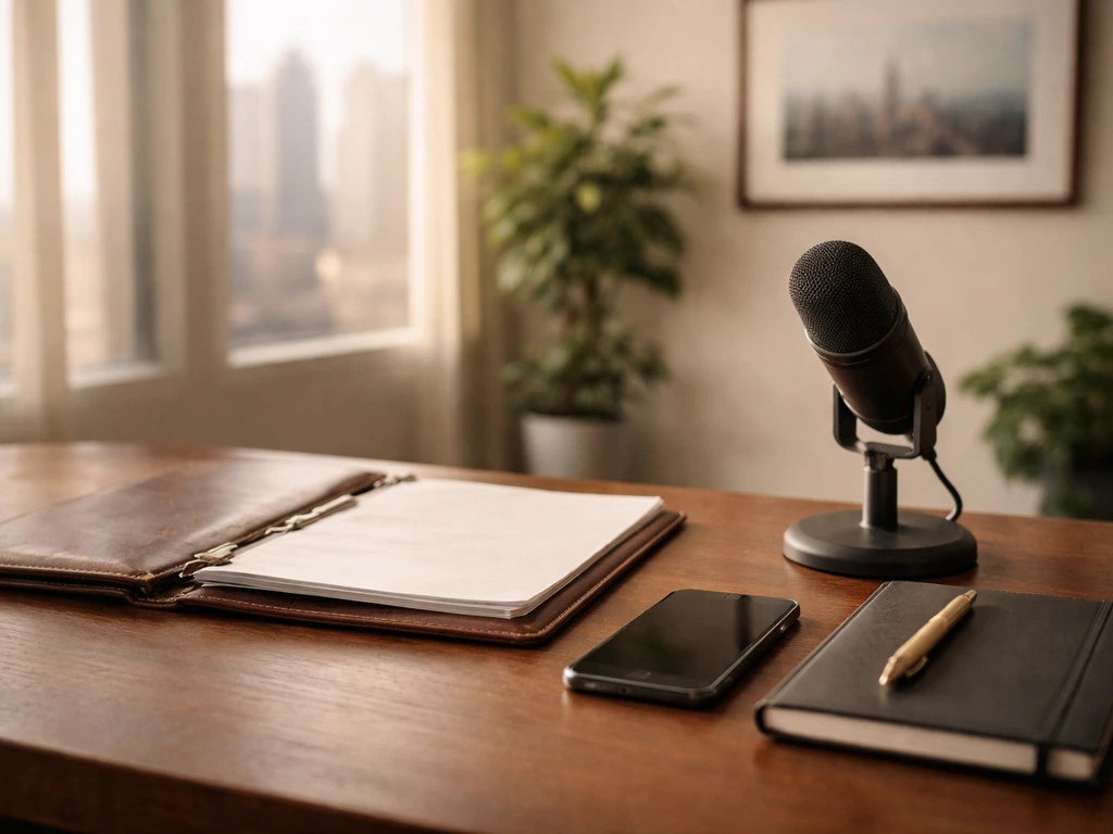 Minimal office desk scene with a leather portfolio, gold pen, microphone, and phone suggesting business milestones.
