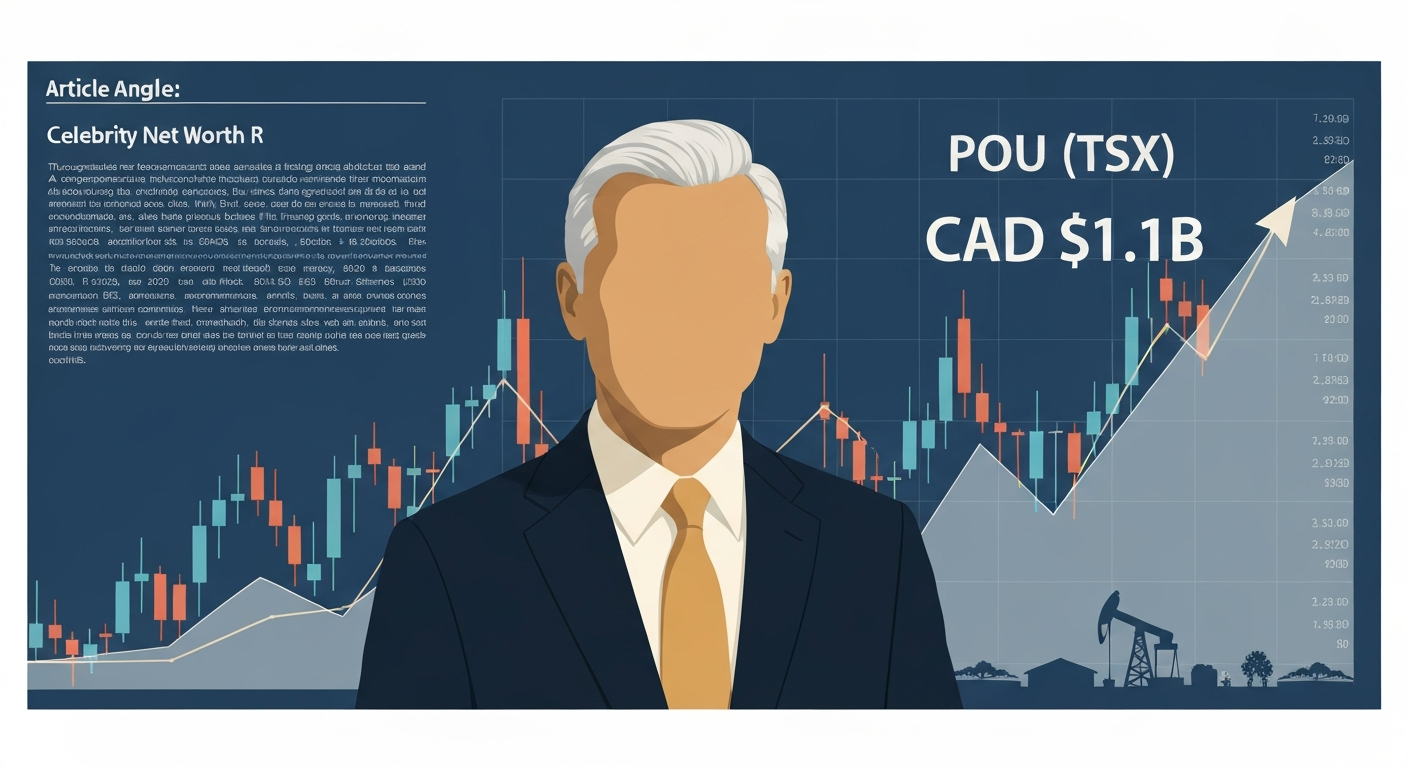 Stylized editorial illustration of an anonymous executive silhouette in front of a TSX chart with the label 'POU (TSX)' and 'CAD $1.1B', evoking Jim Riddell's disclosed net worth.
