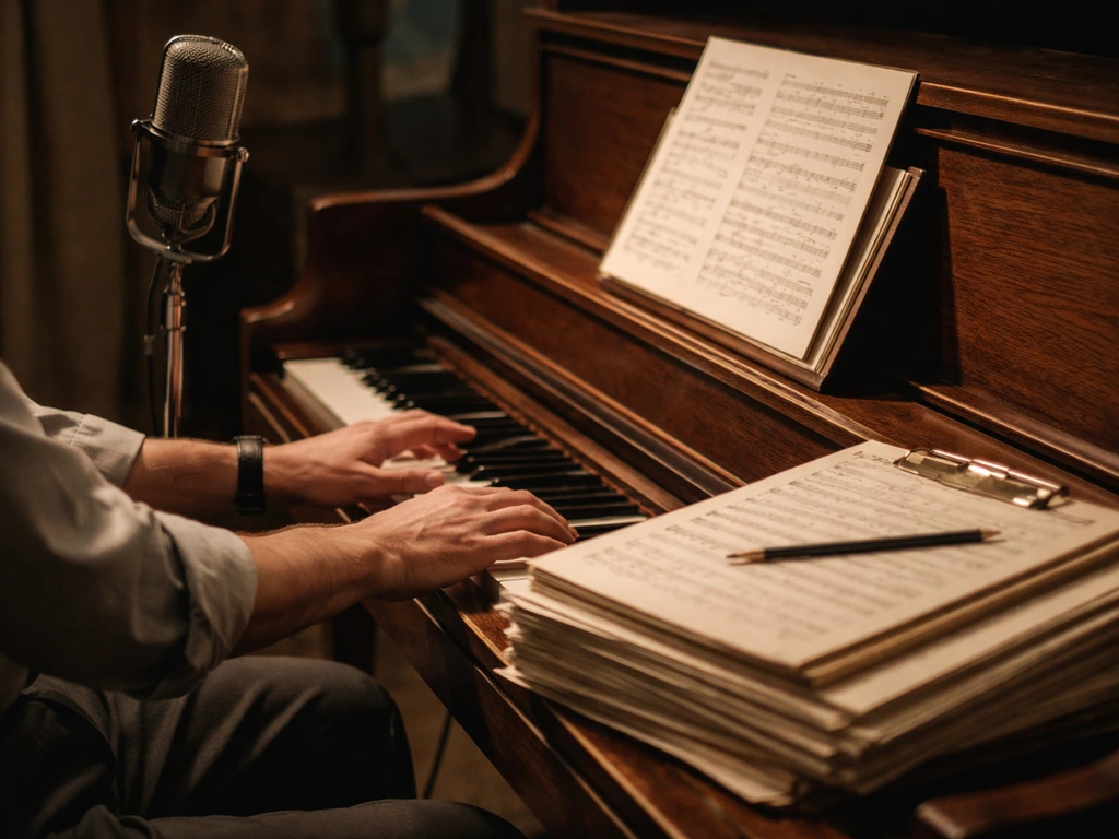 Archival-style studio scene of a composer at a piano with sheet music and a microphone setup