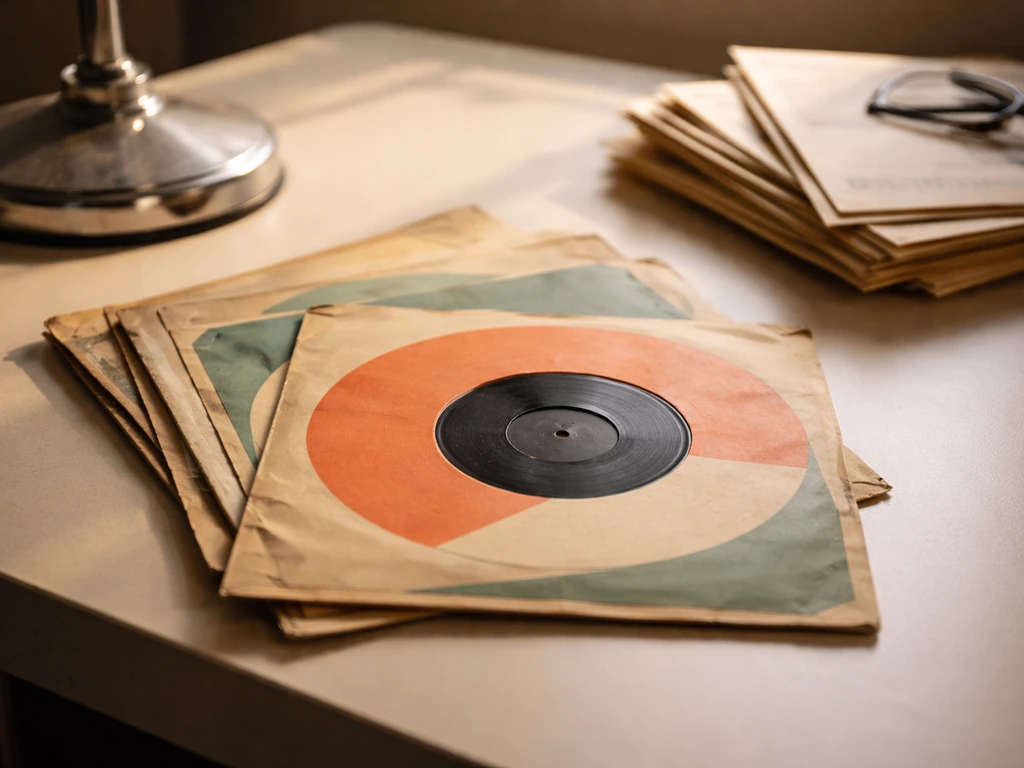 Vintage vinyl album sleeves and a classic studio microphone base on a simple desk, Capitol-era vibe.