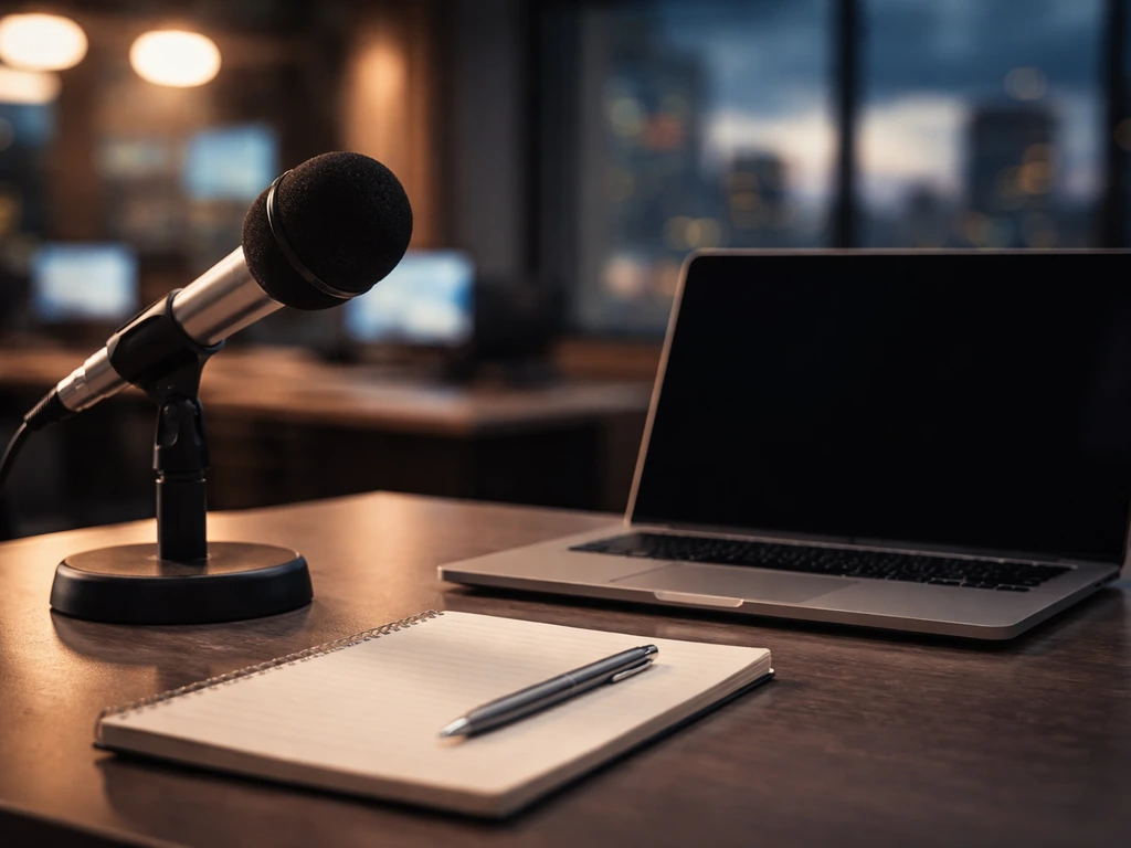 Anonymous newsroom desk with a microphone and laptop, symbolizing media career income analysis